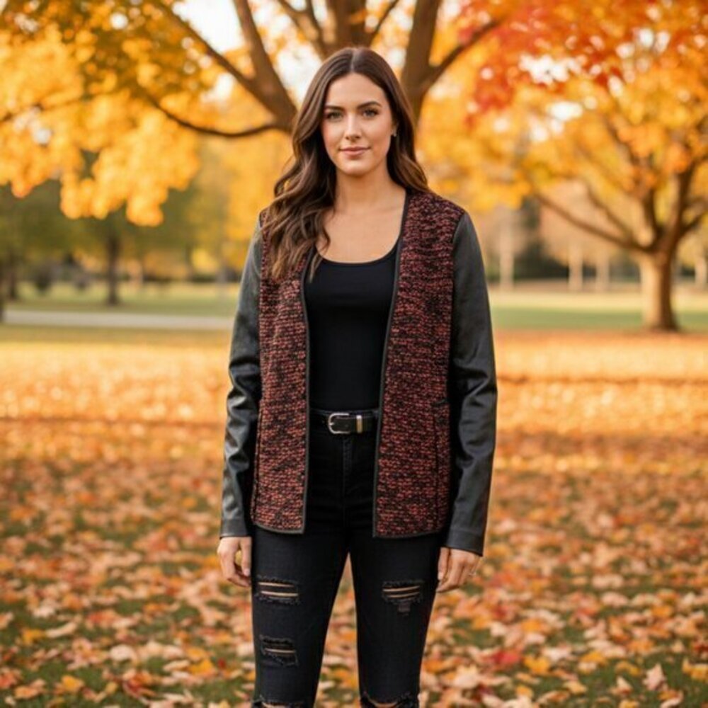 NWT Live a Little Red Tweed Wool Faux Leather Sleeve Cardigan Jacket XL